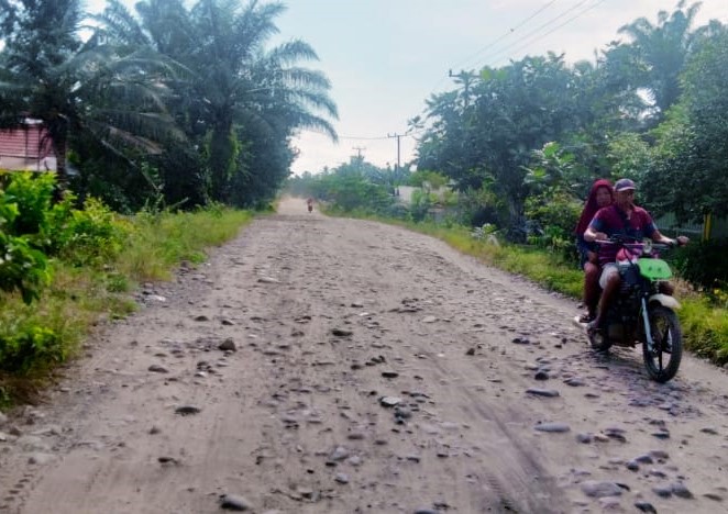 Jalan poros Desa Rawa Bangun rusak