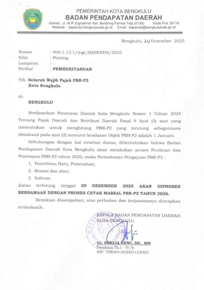 Layanan PBB-P2 Bengkulu, Pajak Bumi dan Bangunan, SPPT PBB 2026, Pajak daerah Bengkulu