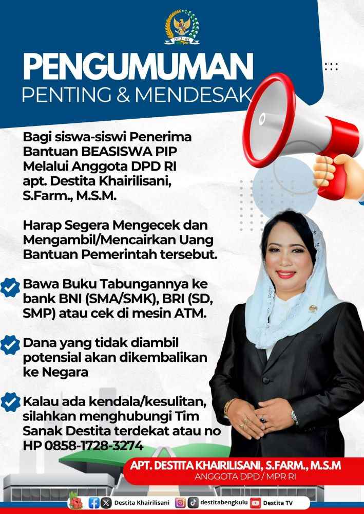 Anggota DPD RI Destita Minta Segera Cek ke Bank Pencairan Dana Program Indonesia Pintar (PIP)