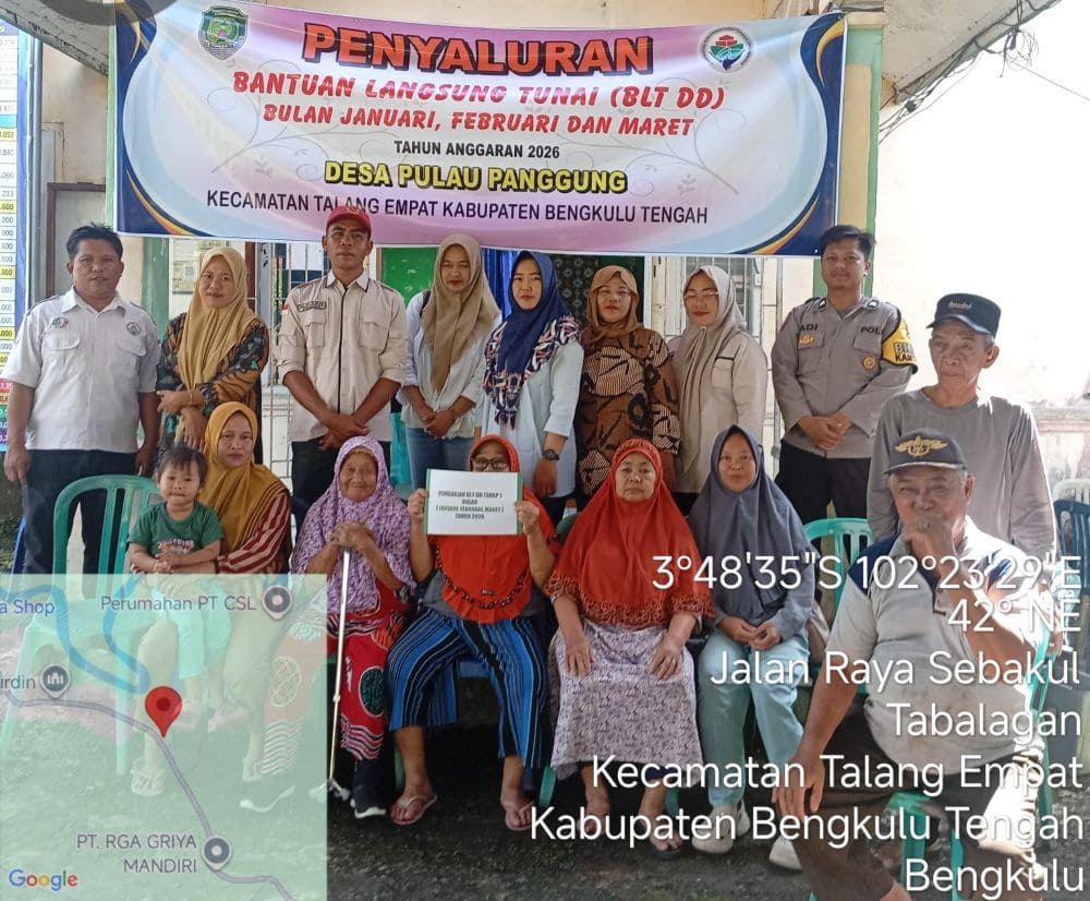 Pemerintah Desa Pulau Panggung, Kecamatan Talang Empat, menyalurkan Bantuan Langsung Tunai (BLT) kepada warga penerima manfaat pada Kamis (2/4/2026)